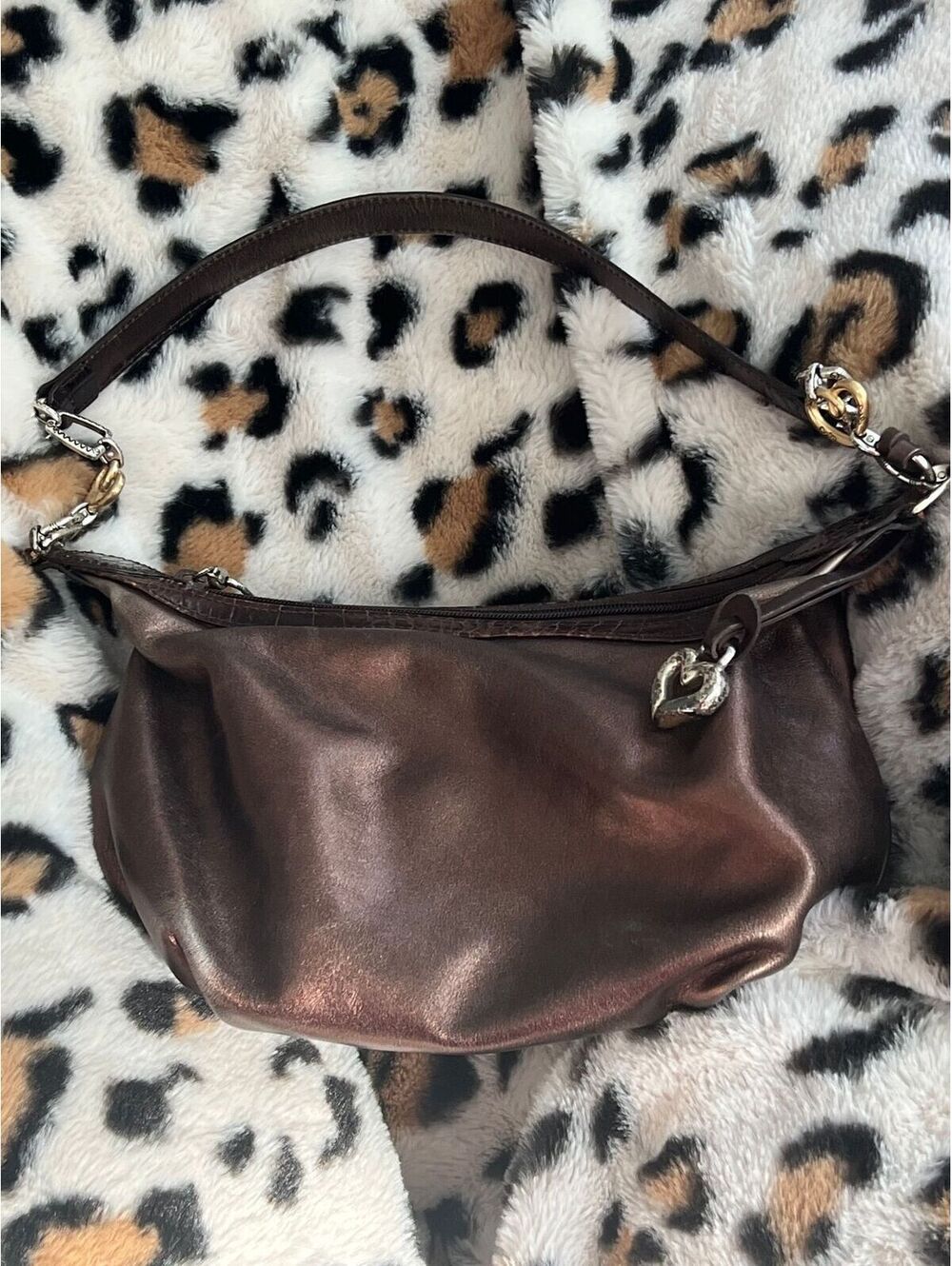 Brighton Metallic Bronze Leather Croc-Trim Shoulder Bag